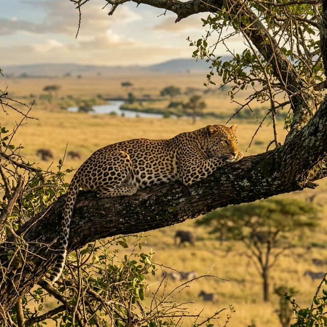 Wild leopard resting in African savanna